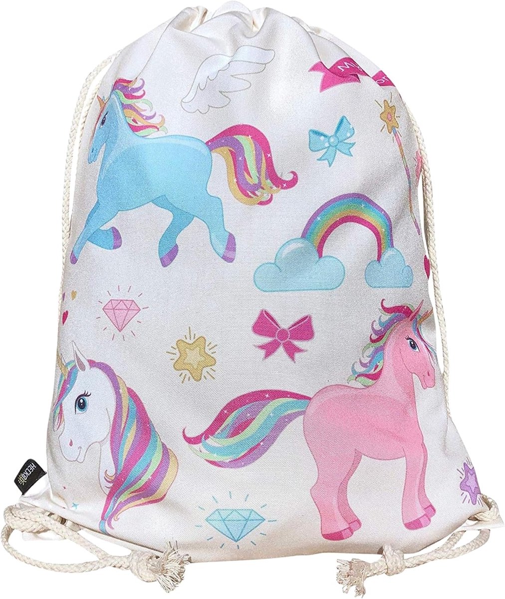 Thijox - HECKBO Gymtas voor meisjes en jongens, eenhoorn, sporttas, kleuterschoolrugzak 40 x 32 cm, set met beanie en schaal, ideaal voor kinderdagver