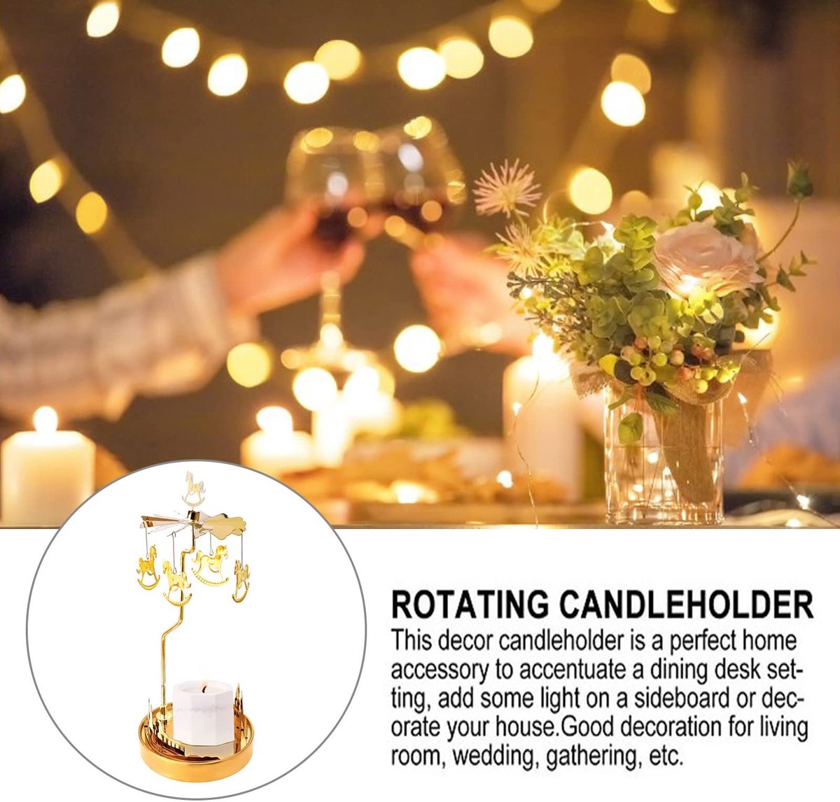 Dailygoods- Kaarsenhouder Draaiend - Kandelaar Metalen Carrousel - Theelichthouder voor Tafeldecoratie - Sfeerschepper - Decoratie voor Valentijnsdag/Kerst