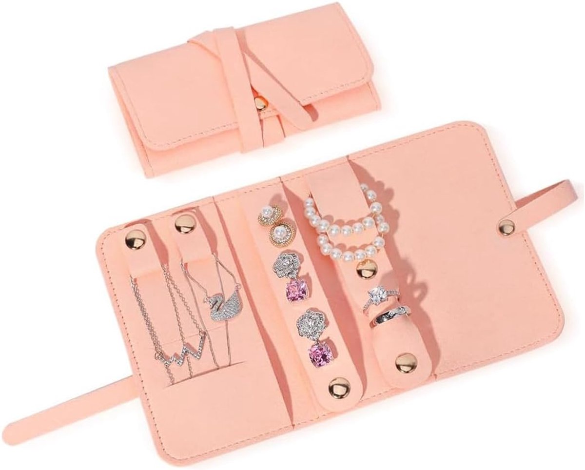SnelShoppen - Opvouwbare Sieraden Organizer - Multifunctionele Draagbare Sieradenrollen voor Ringen, Halskettingen en Armbanden - Roze - Perfect voor