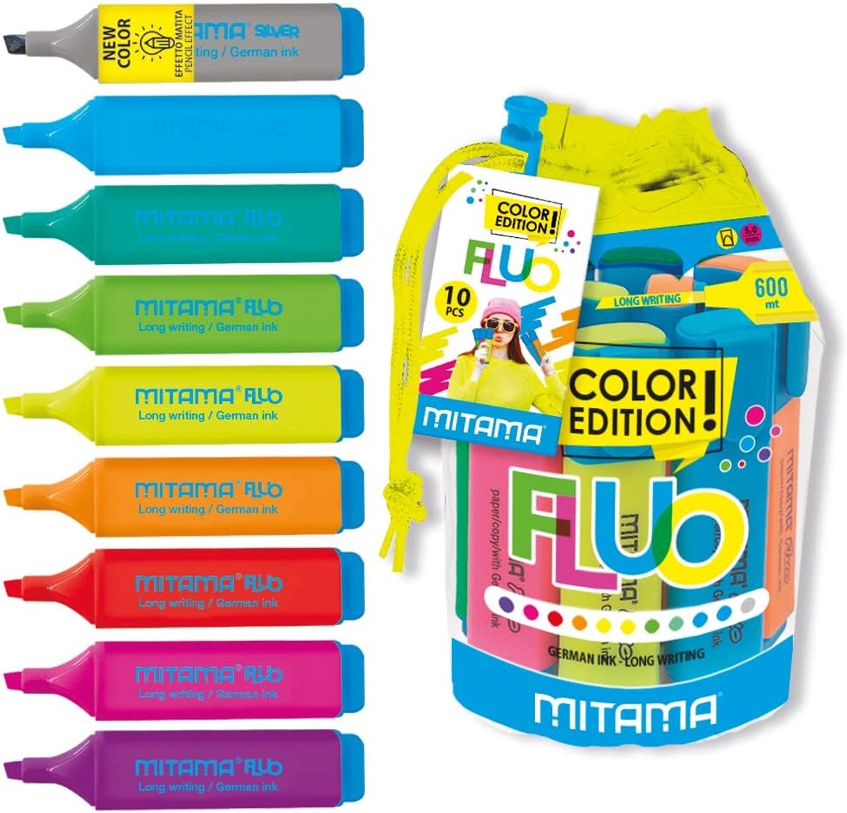 Thijox - 10 Kleurrijke Fluo Markeerstiften Set met Beitelpunt 5mm en Penseel, Ideaal voor School en Kinderen, Perfect voor Jongens en Creatief Gebruik