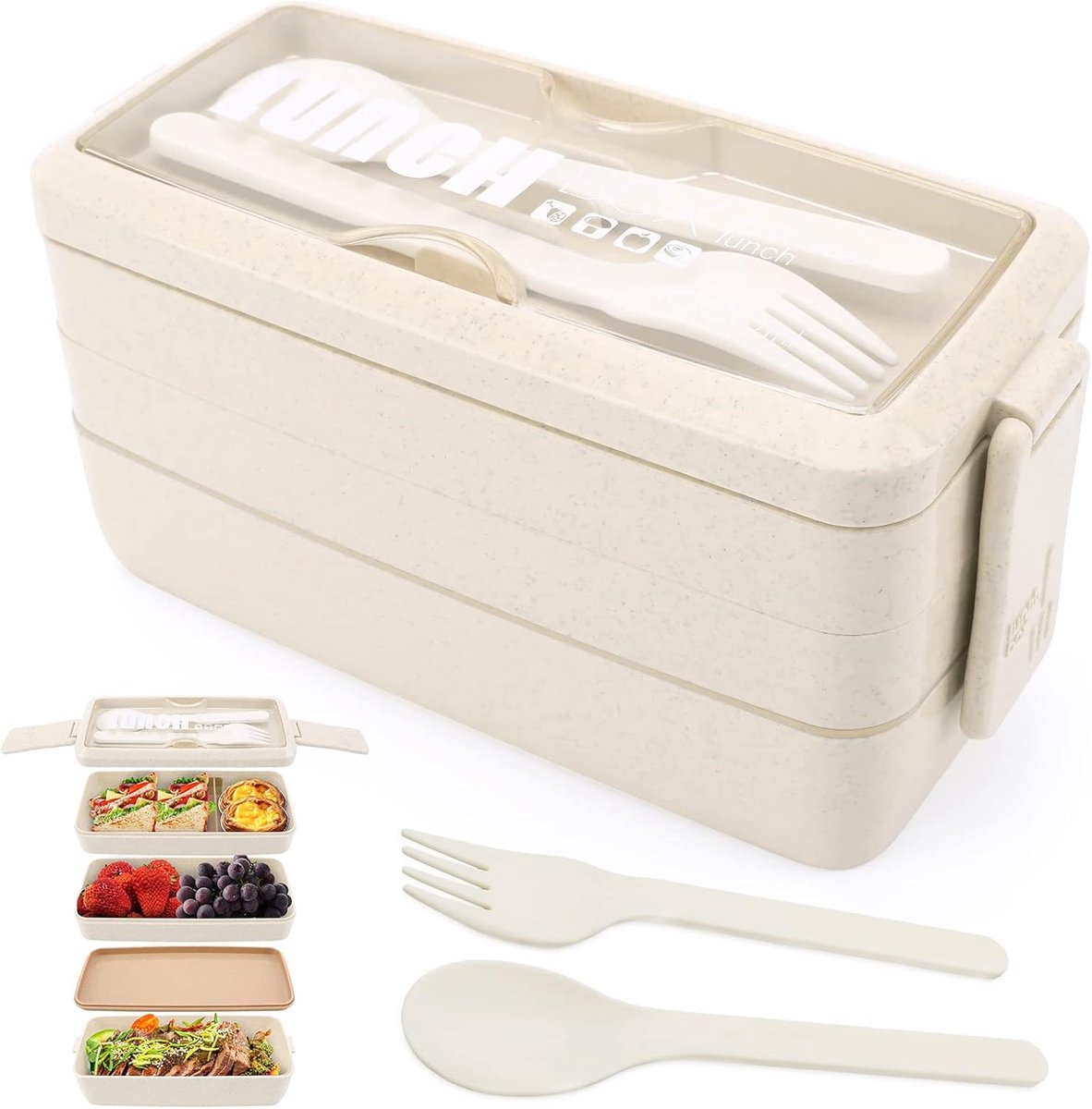 Thijox - 3-laags lunchbox bento box voor volwassenen, 4-in-1 maaltijdbereidingscontainer met vork en lepel, 2700 ml voedselopbergdoos, ideaal voor sch