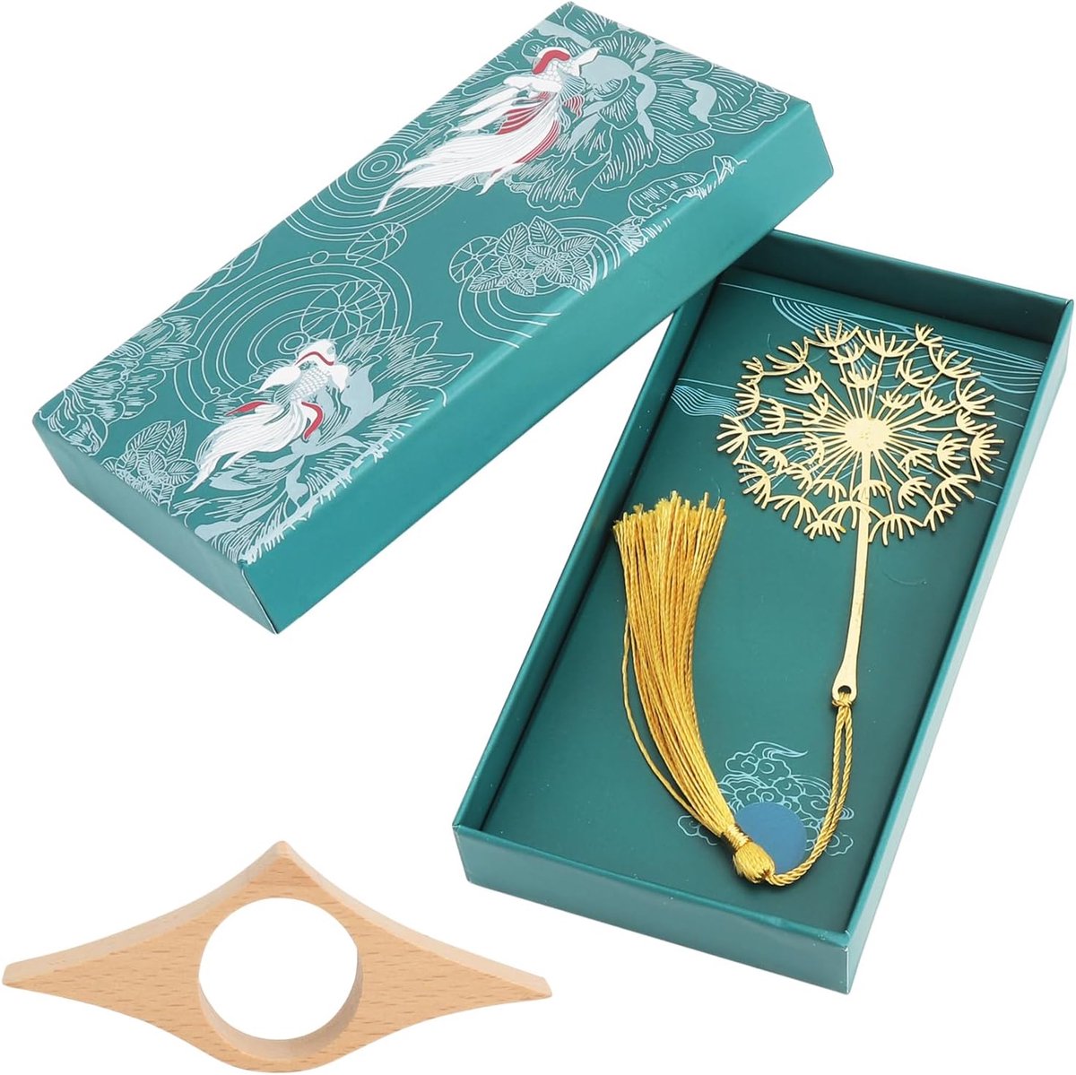 Thijox - Gepersonaliseerde metalen boekenlegger met paardenbloem design & beukenhouten boekenhouder - Elegant cadeau voor boekenliefhebbers, speciale
