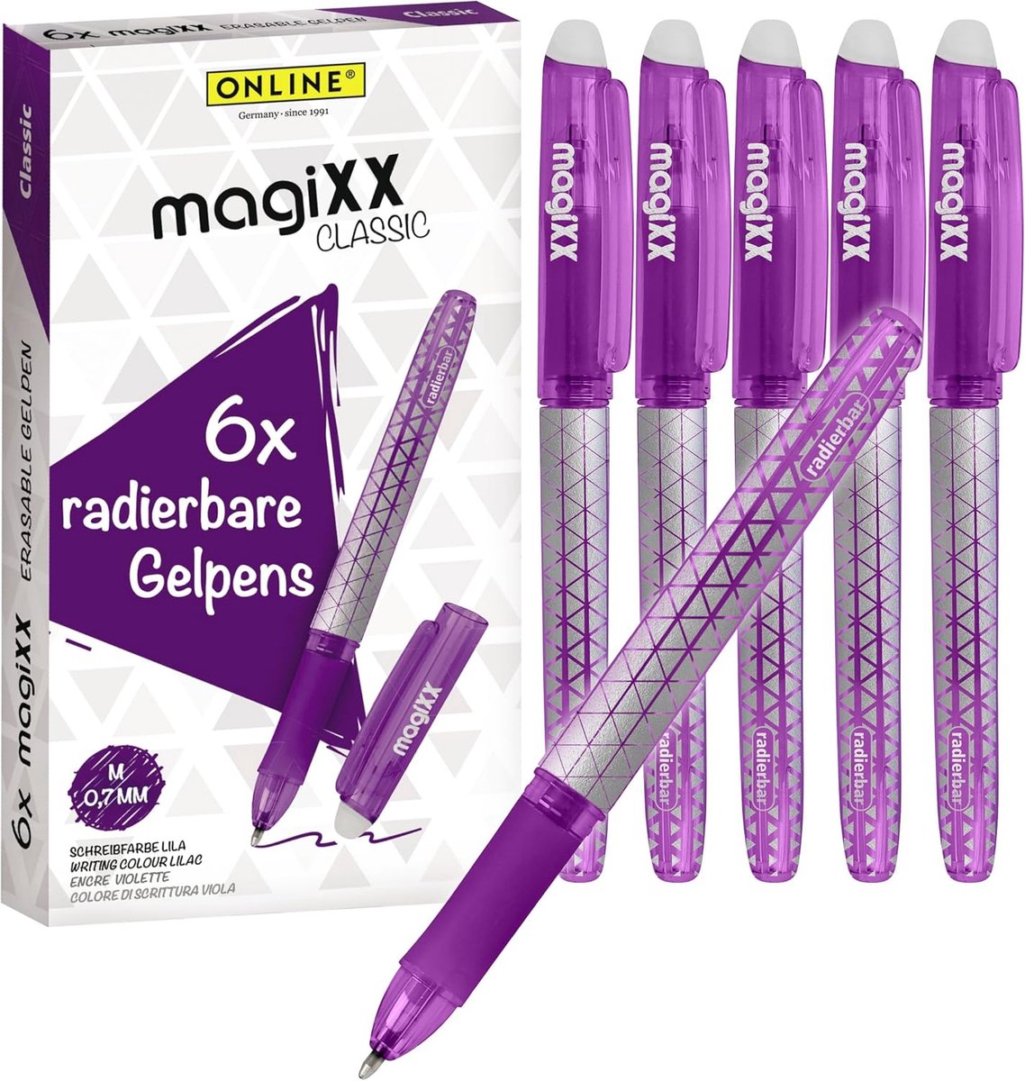 Thijox - 6 x Uitwisbare Gelpen Paars, Warmtegevoelige Inkt 0,7 mm, Set van 6, Perfect voor Studenten en Scholieren, Inclusief Bal voor Verwijderen van