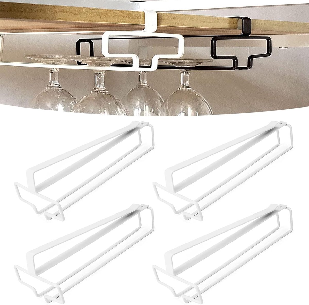 Hanging Wine Glass Holders voor Onder het Keukenblok, 4 Stuks, Geen Boren Nodig, Ideaal voor Wijn Glazen in Keuken, Bar of Restaurant