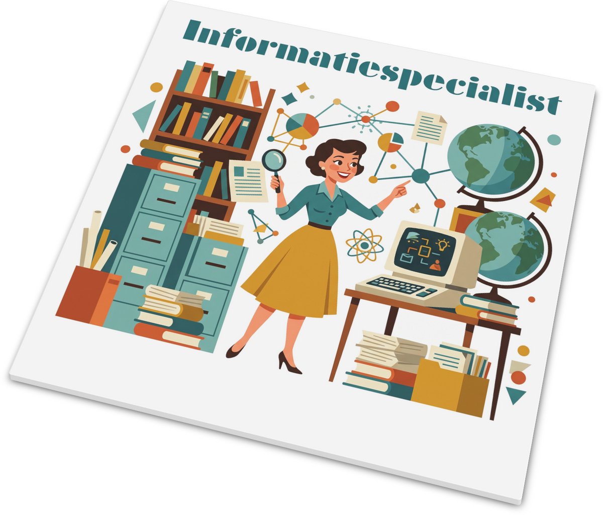 Mat wandtegeltje met spreuk Informatiespecialist Vintage Mid-Century gouache stijl bibliot