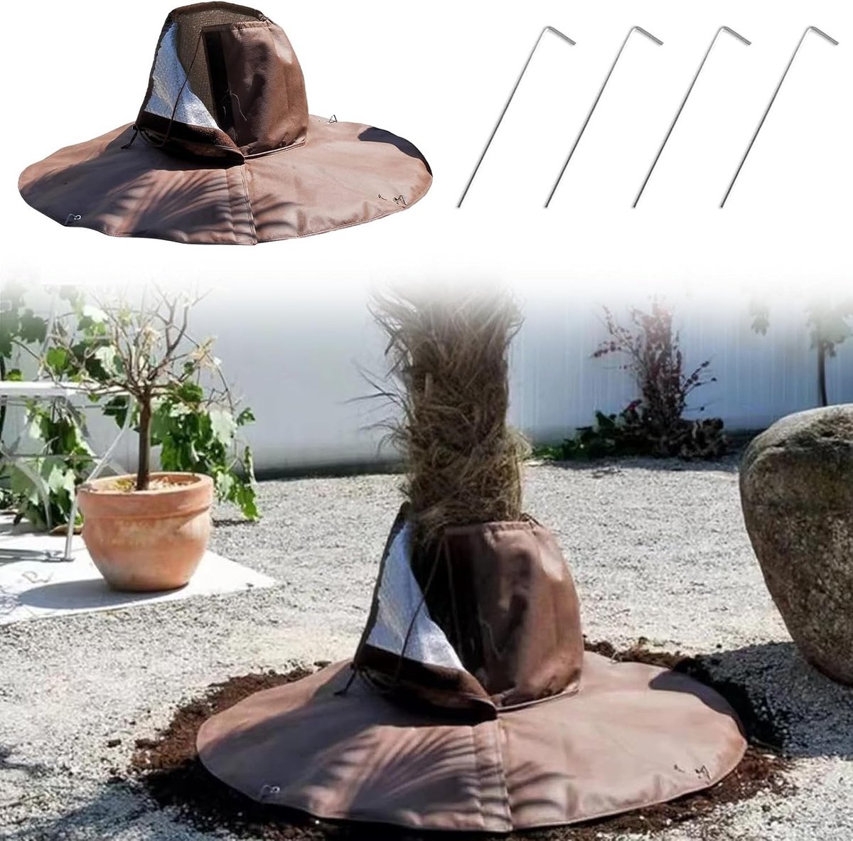 Winterbescherming voor planten en wortels, 30 x 30 cm, herbruikbare plantenzak met trekkoord en 4 verankeringen, dubbele isolatie