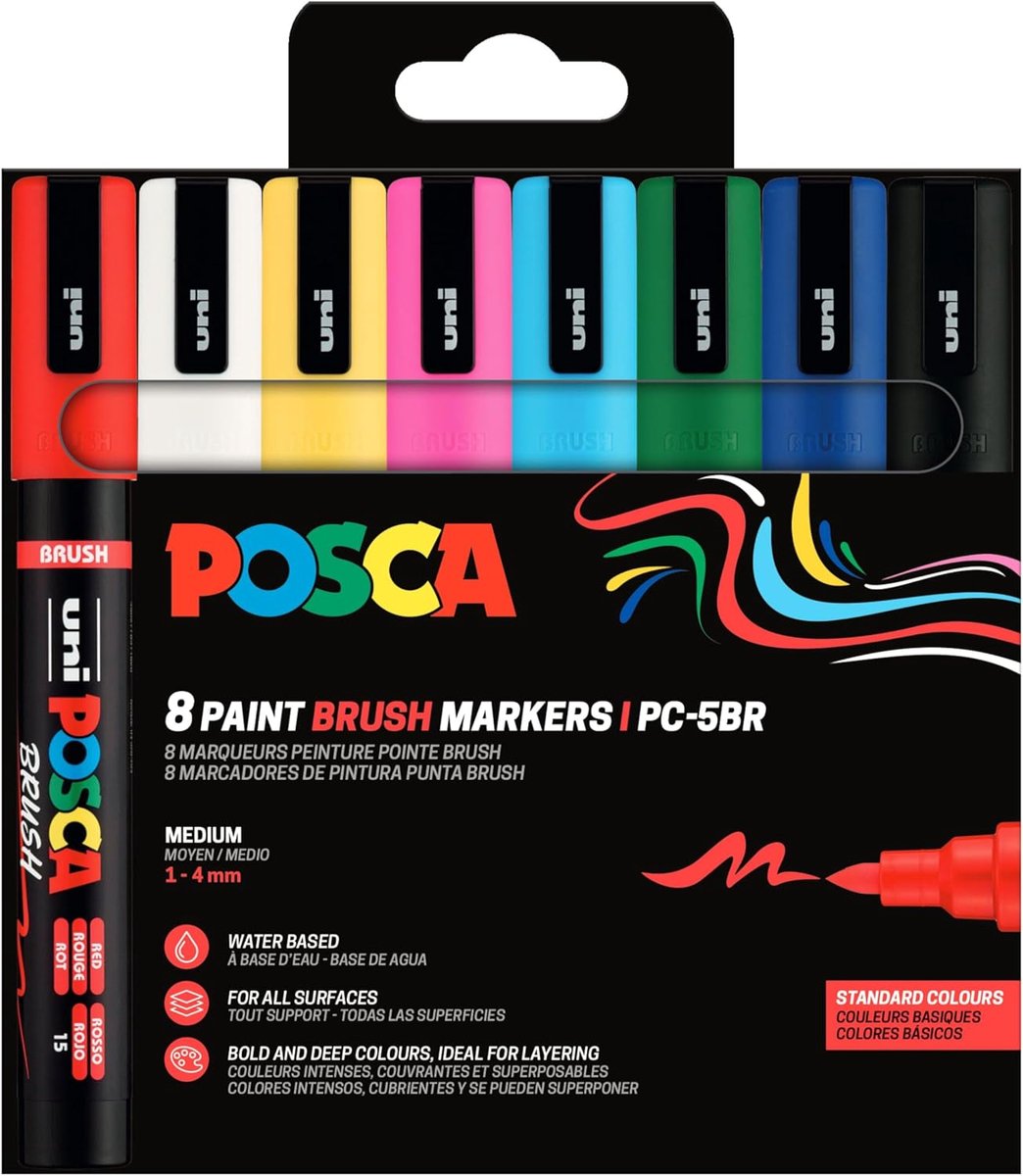 Thijox - POSCA-markeerstift-penseelstiftset 8 acrylstiften met penseelpunt, PC-5BR penseelstiften voor creatief gebruik op bijna elk oppervlak, ideaal
