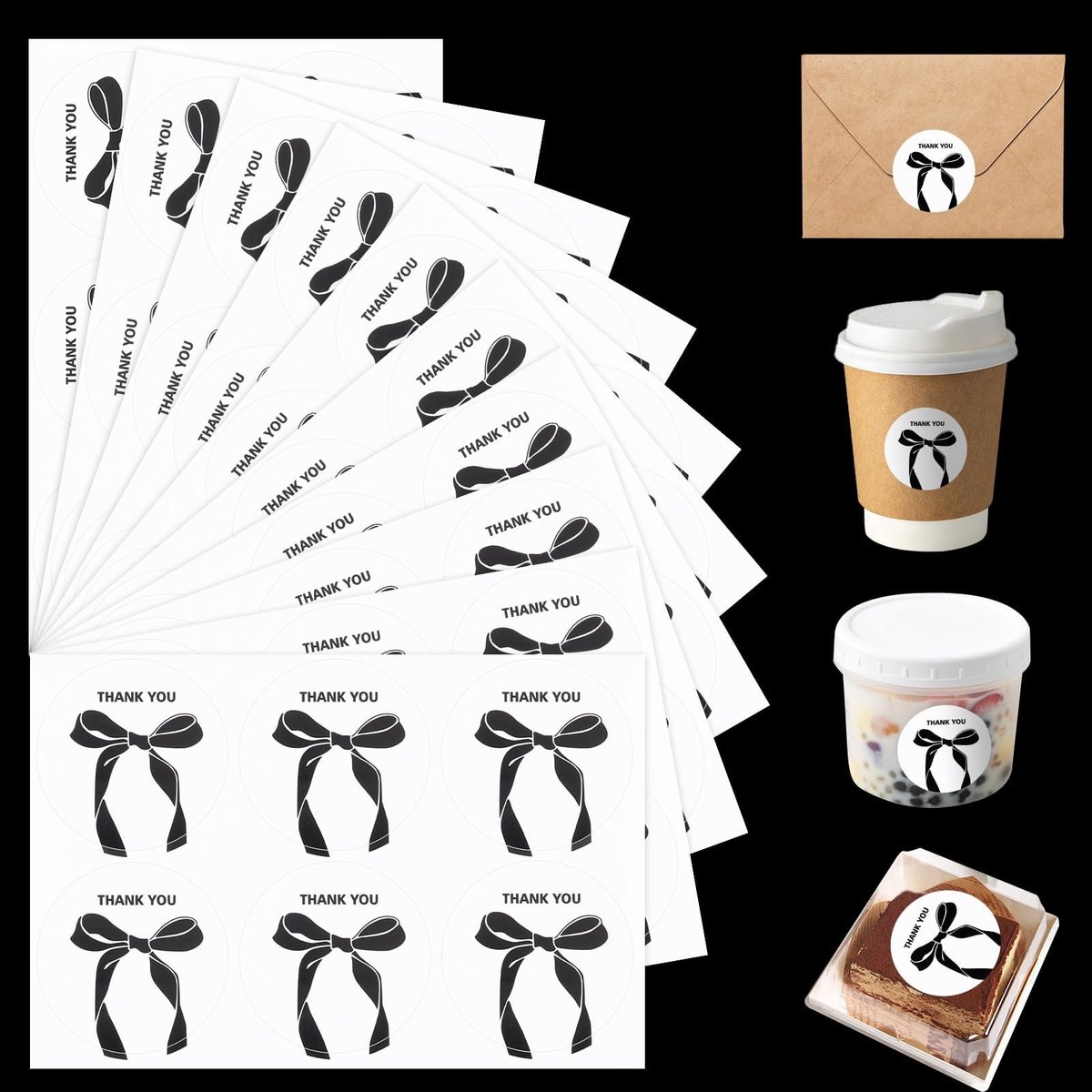 Inovra - 120 stuks zwarte strik dank u stickers 5 cm zelfklevende ronde geschenkverpakking stickers kleine zakelijke zegel etiketten voor babyborrel verjaardag bruiloft afstuderen partij gunsten verpakking