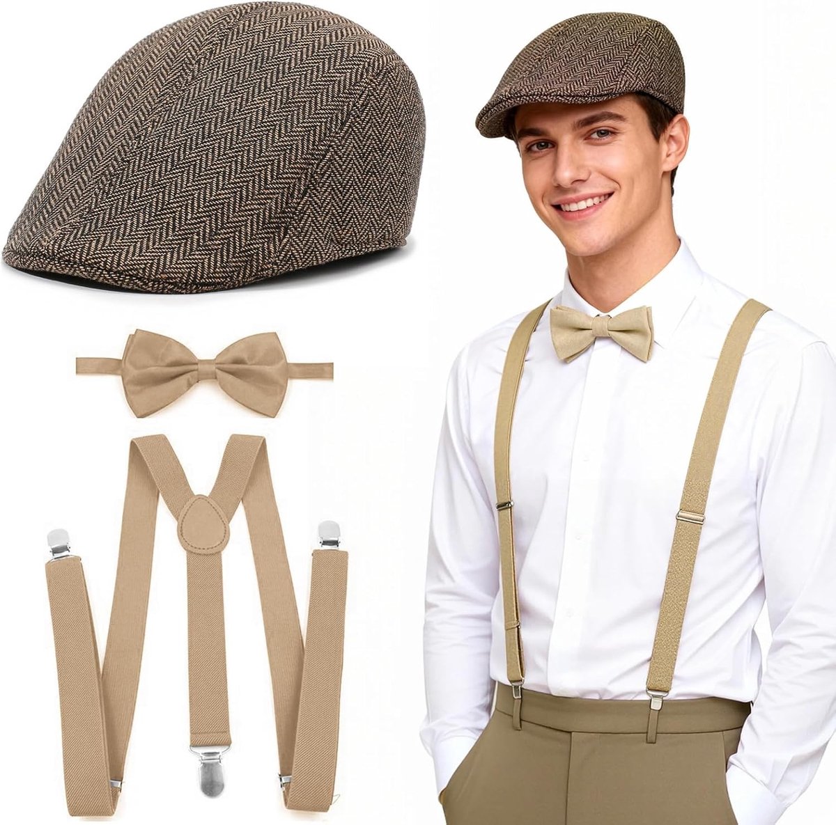 Stijlvol 1920s Kostuum voor Mannen met 3 Stukken, Gangster Hoed en Strik, Perfect voor Themapartijen en Halloween