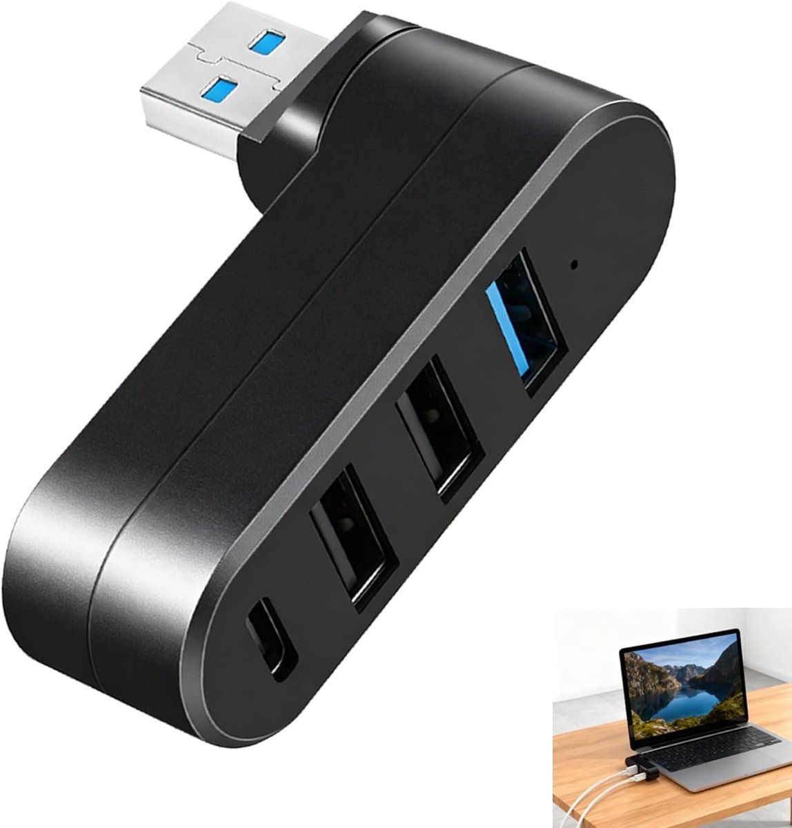 Thijox - 4-poorts USB 3.0 splitter hub met USBC-aansluiting, draaibaar 90°/180°, mini USB-hub adapter voor laptop, MacBook en PC, 5 Gbps gegevensoverd