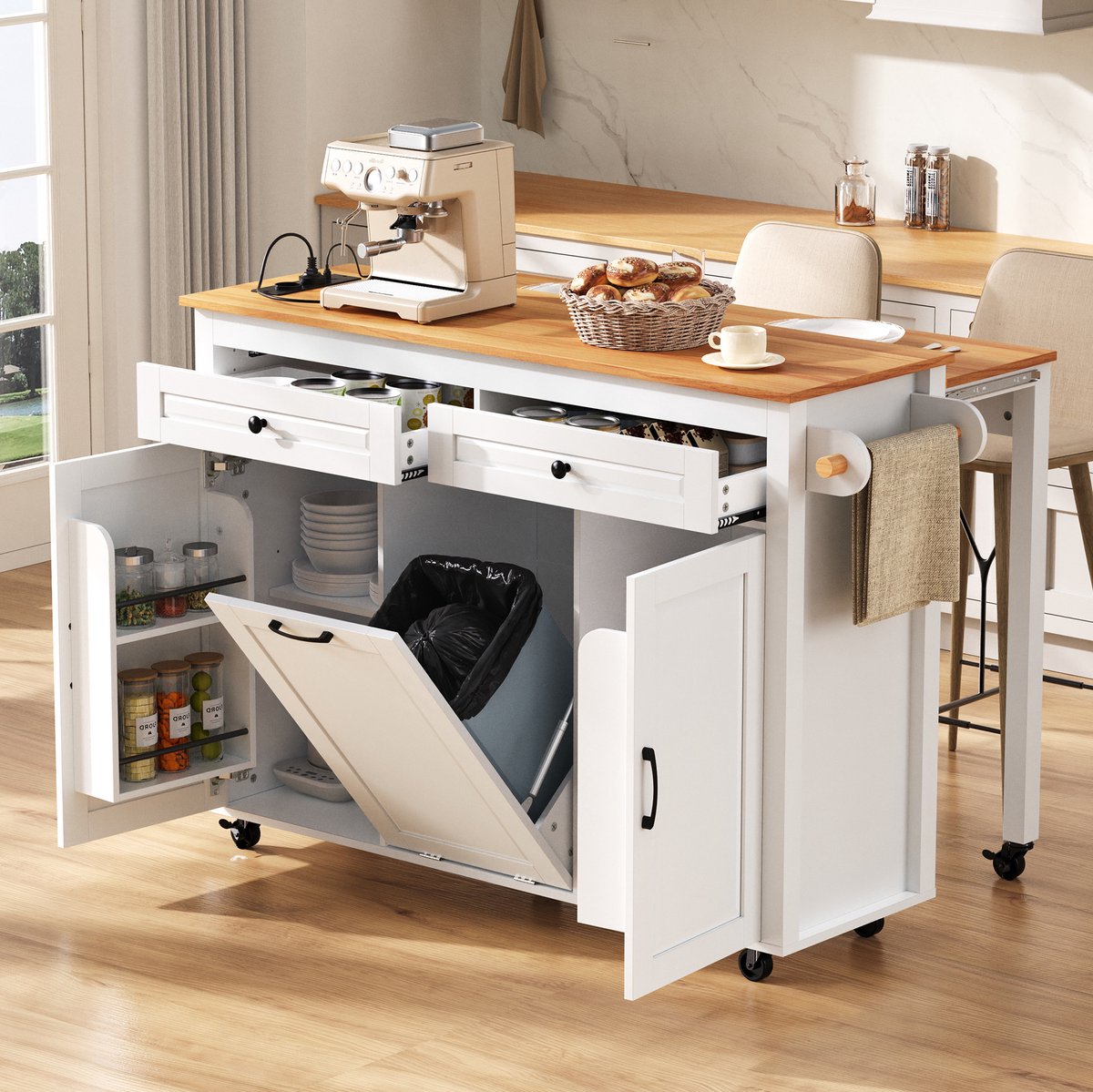 DESMIU Keukenkast - Uitschuifbaar Werkblad Met Oplaadpunt En Afvalvak - Verrijdbaar Voor Keuken En Eethoek - MDF - 120x40-75x92 Cm - Wit