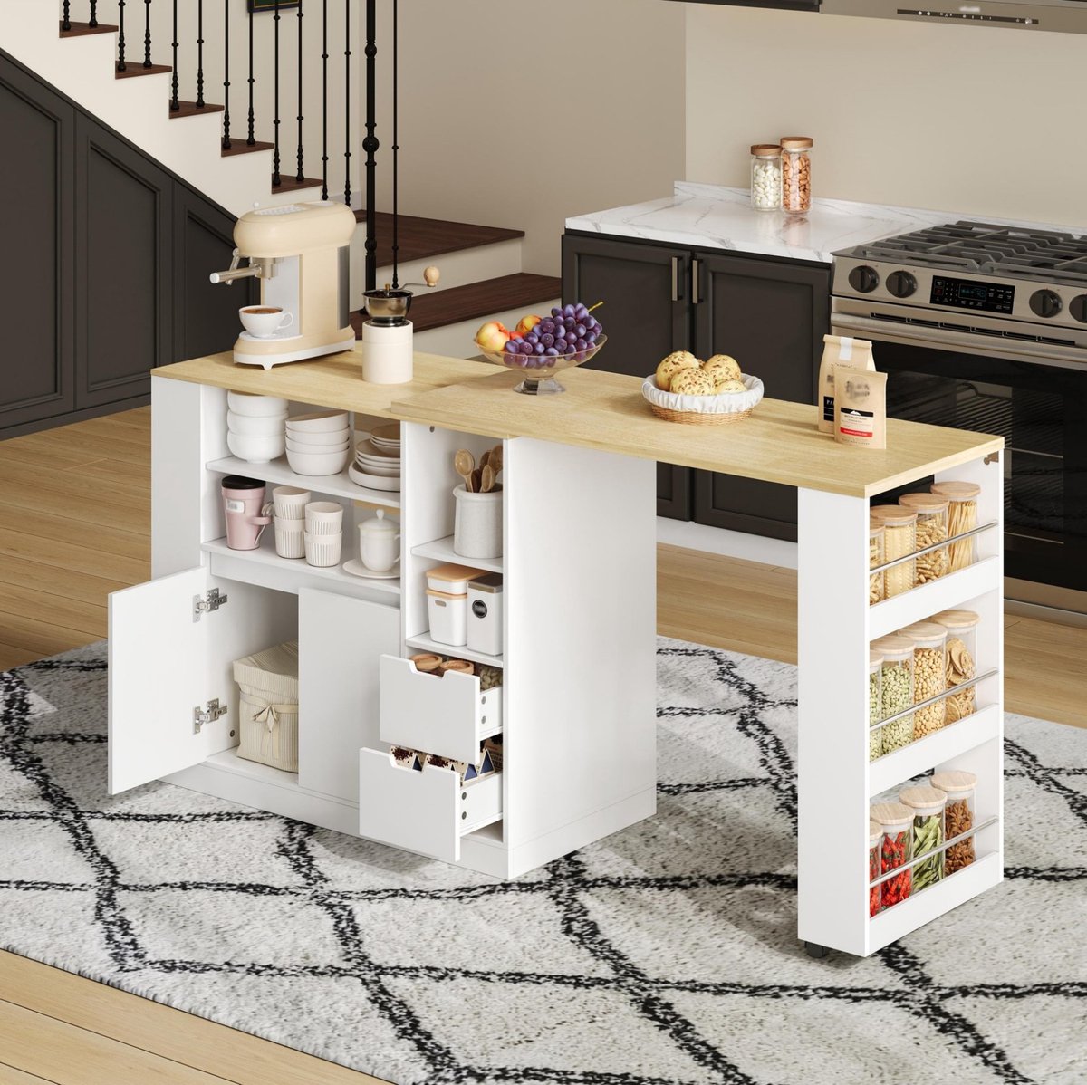 DESMIU Keukenkast - Uitschuifbaar En Draaibaar Werkblad Met 2 Lades - Keukeneiland Voor Keuken En Eethoek - MDF - 115x50x92 Cm - Wit Naturel