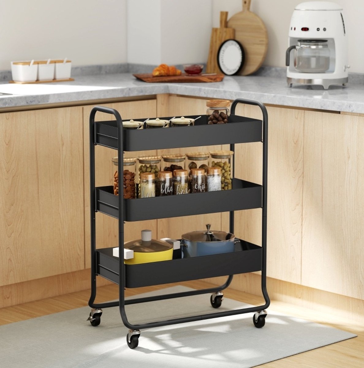 DESMIU Keukenkast - Keukenwagen Met 3 Opbergmanden En 4 Wielen - Voor Keuken En Woonruimte - Metaal - 64,5x34x87 Cm - Zwart