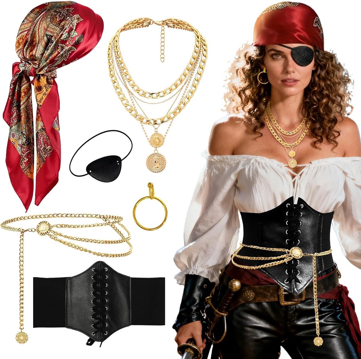 Set van 6 Piratenkostuumaccessoires voor Vrouwen, inclusief Bandana, Oorbellen, Corset, Tailleketting en Ooglap voor Carnaval en Halloween Feestjes