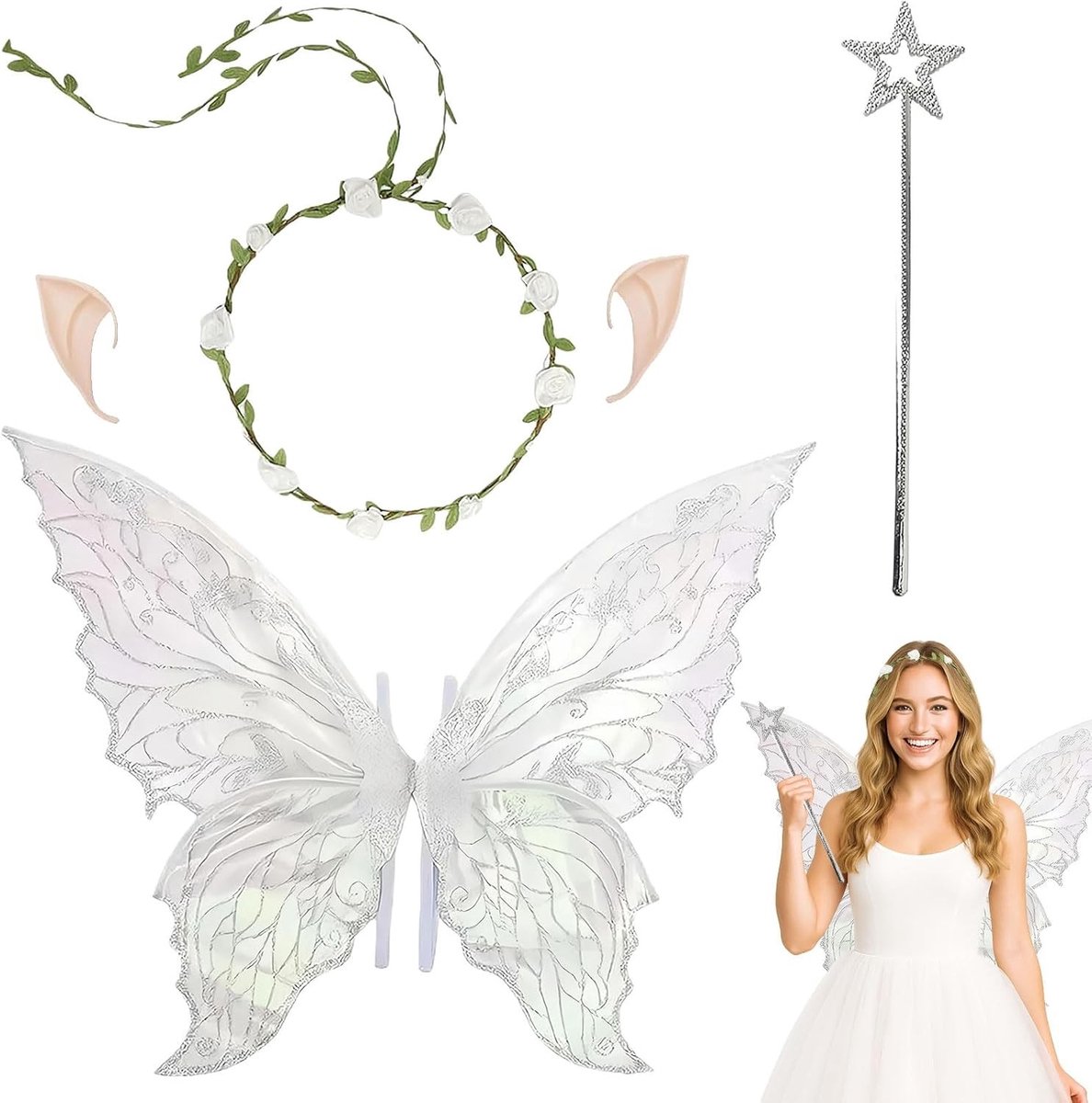 Feestelijke Feen Kostuumset met Vleugels, Elf Oren en Bloemenkrans voor Kinderen en Volwassenen, Perfect voor Carnaval en Themafeesten