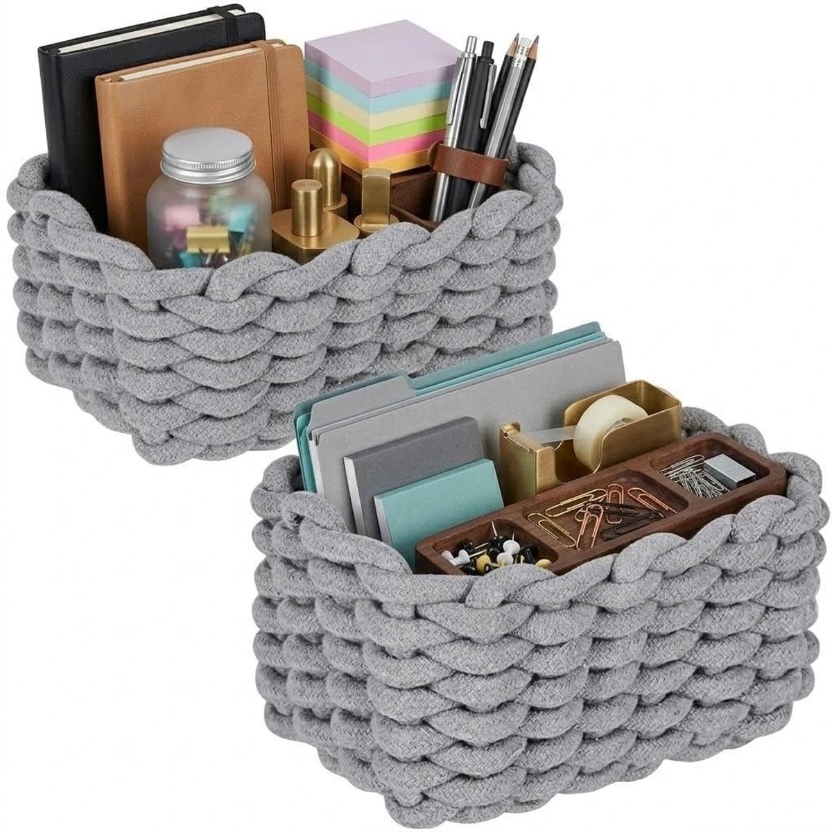 Gevlochten katoenen opbergmand voor toiletpapier, cosmetica en speelgoed - 2 stuks, grijs, 19 x 15 x 12 cm, multifunctionele woonaccessoires