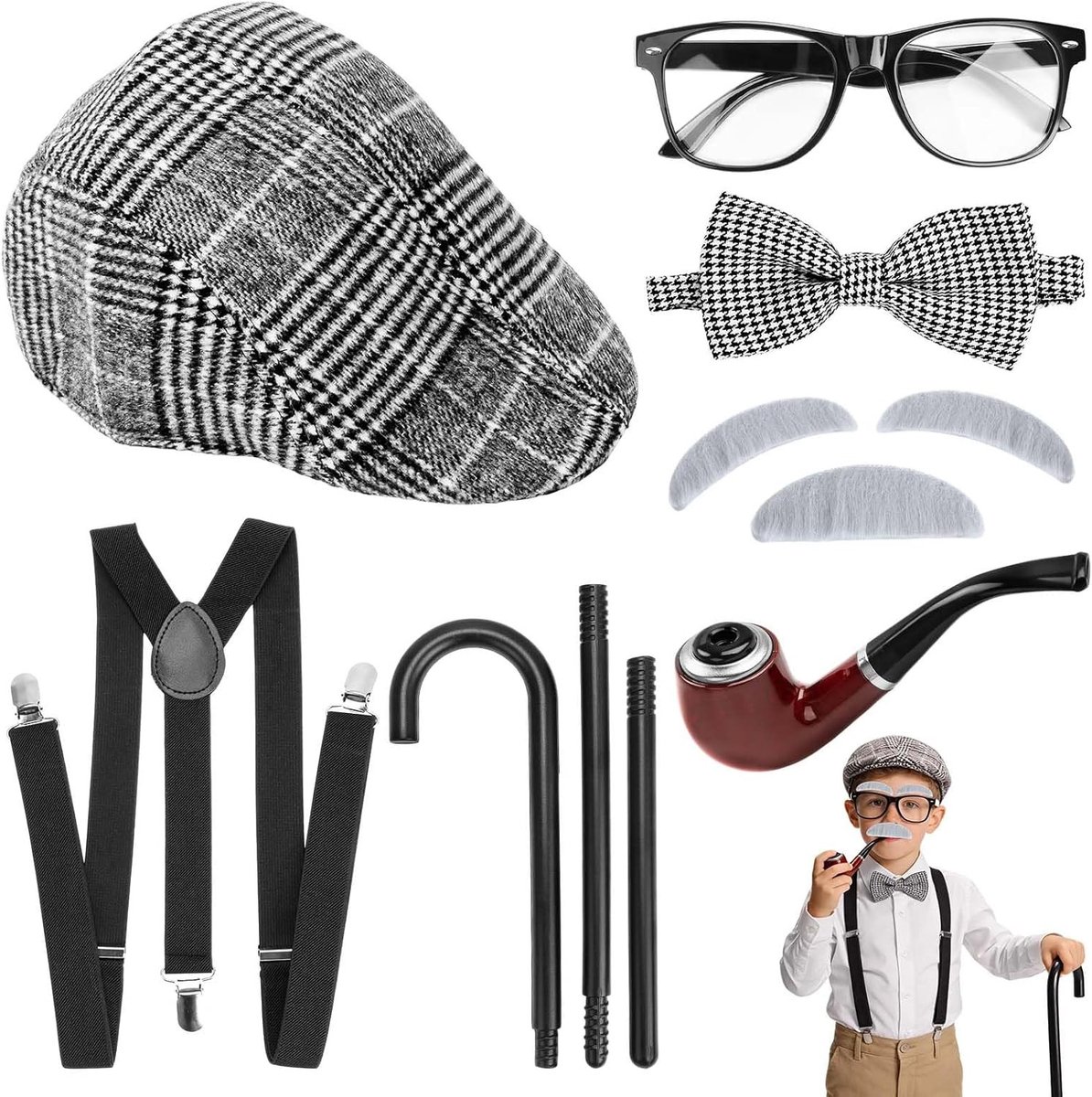 Heren kostuum in 1920s stijl voor maffia themafeest met hoed, verstelbare schouderbanden en accessoires zoals bril, snor en zakhorloge