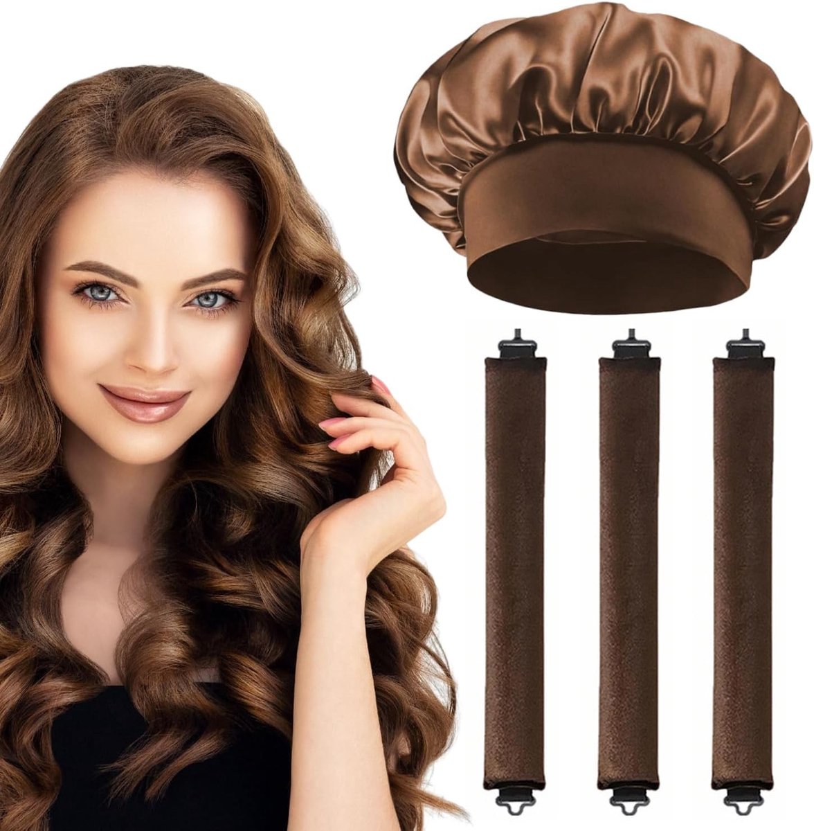 Warmtevrije Krulstaven Set van 3, Flexibele Krulstaven voor Nachtgebruik met Satijnen Muts, Bruin Haarstyling Accessoire