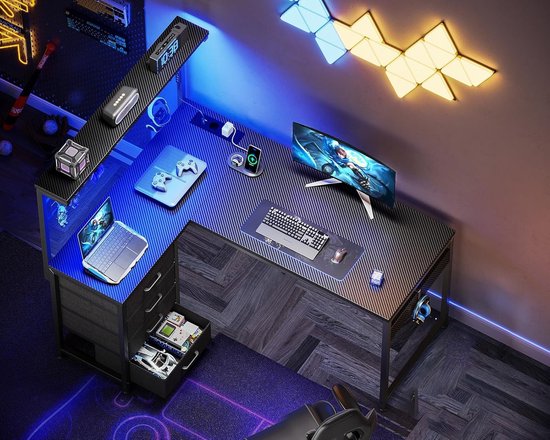 Gamingbureau met LED - Hoekbureau Opbergruimte - Efficiënt Werken - Omkeerbaar L-vormig ontwerp - 110 x 80 cm - Zwart — afbeelding 2