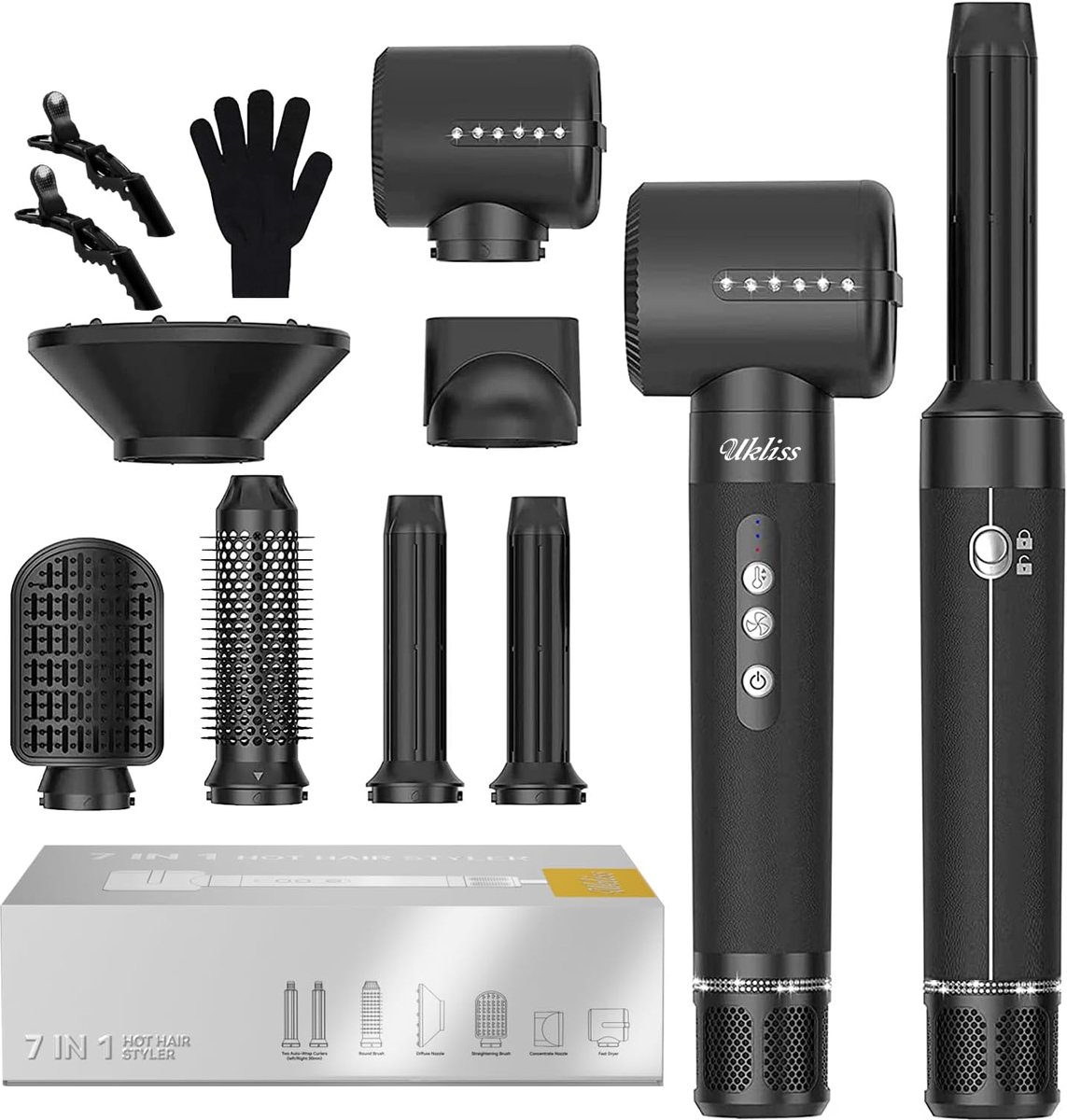 SnelShoppen - 7-in-1 Haardroger en Haarstyler met Automatische Krultang, Föhnborstel, Diffuser, Stijltang, Ronde Borstel, Warme Luchtborstel voor Krul