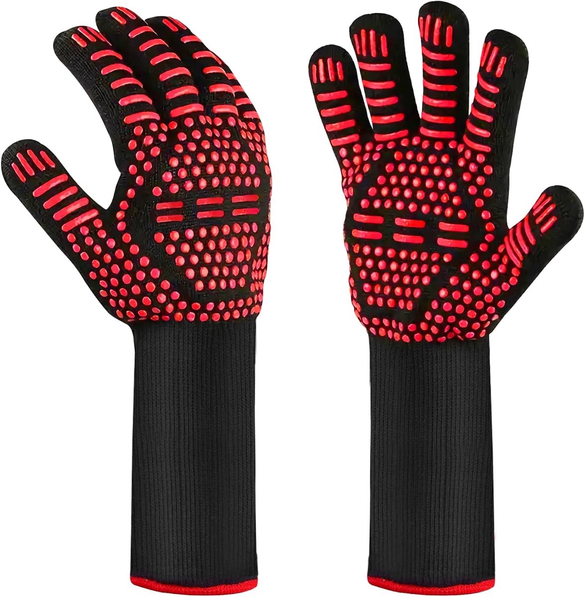 Thijox - MILcea Grillhandschoenen - Hittebestendige Ovenhandschoenen - Rood - Extra Lange Manchetten - Grip met Siliconen Strips - Vuurvast Aramidevez