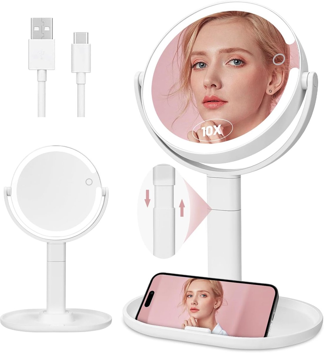 SnelShoppen - 8 Inch Dubbelzijdige Make-upspiegel Met Verlichting, Dimbare Vergrootspiegel 1X/10X, 64 LED's, 360° Draaibaar, Oplaadbaar Via USB, Ideaa