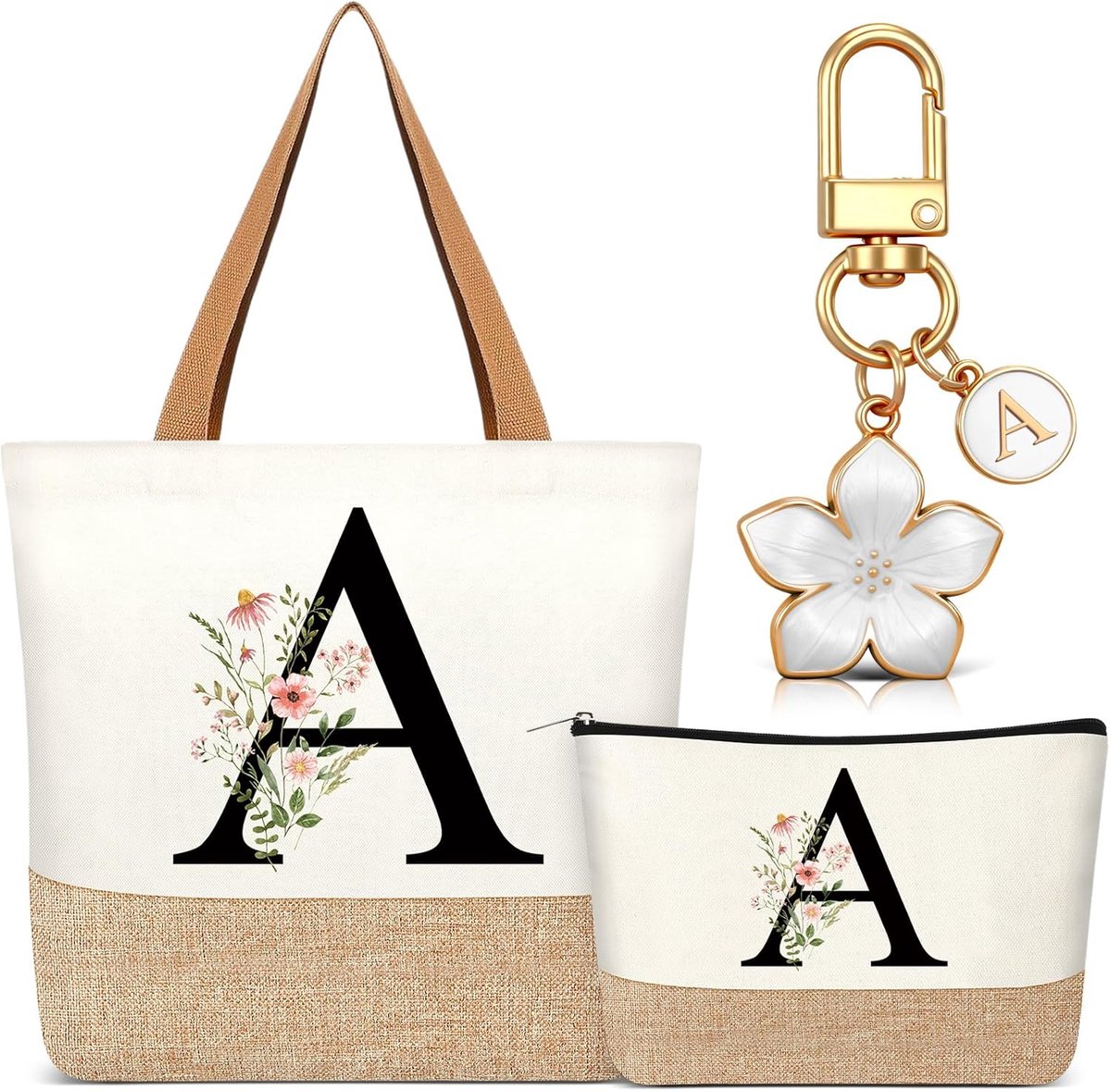 Thijox - Set van 3 Gepersonaliseerde Cadeaus voor Vrouwen - Canvas Tas met Initialen, Toilettas met Naam, Sleutelhanger - Perfect voor Verjaardagen, B