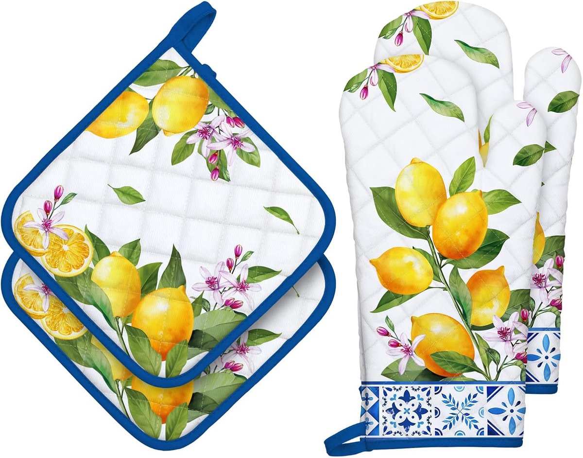 Thijox - Zomer Citroen Ovenwanten en Pannenlappen Set 4 Stuks, 100% Katoen Hittebestendig, Extra Lange Handschoenen en Pannenlap voor Keuken Koken en