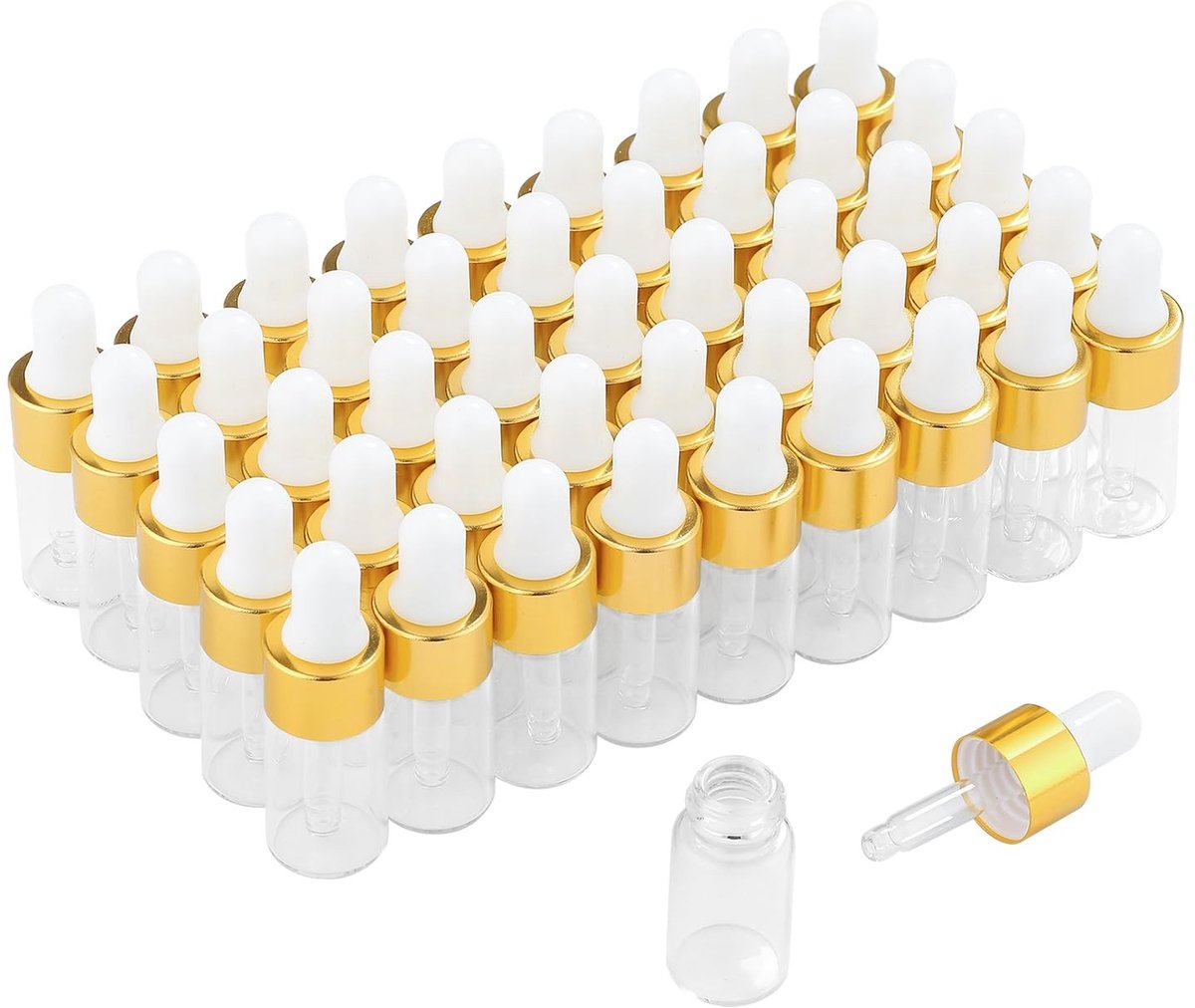 Dailygoods- Druppelflesjes 50 stuks - Lege Glazen Flesjes - Gouden Deksels - Parfummonsters - Etherische Oliën - Capaciteit 3 ml - Parfumflesjes