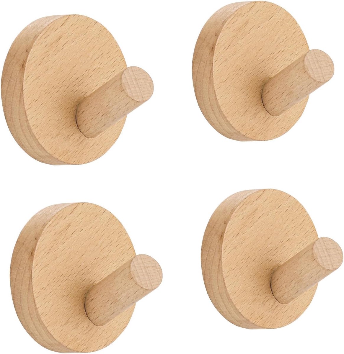 Dailygoods- Wandhaken 4 Stuks - Ronde Beukenhouten Haken - Zelfklevend - Kledinghaken - Minimalistische Garderobehaken - Voor Handdoeken/Jassen/Tassen - Kapstokhaak