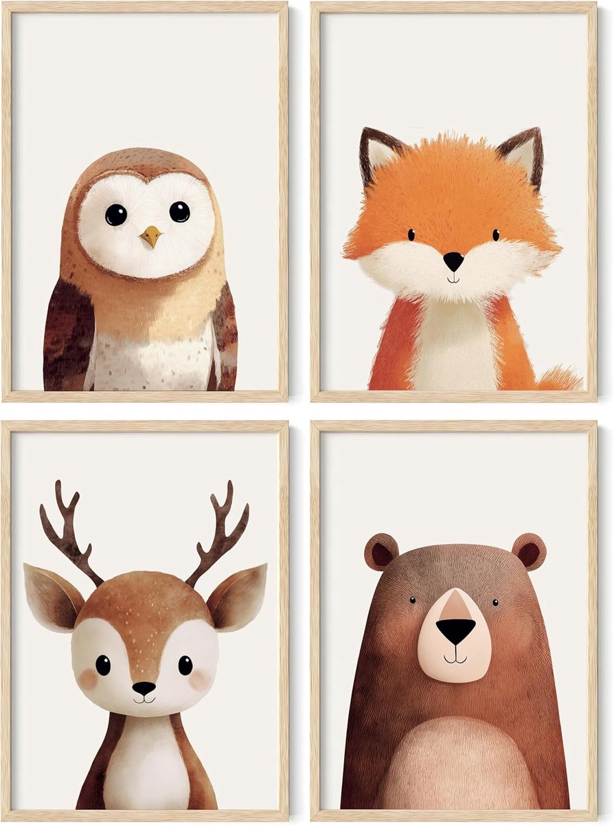 Thijox - Kinderposters Set van 4 - Babykamer Decoratie Bosdieren (Beer, Vos, Hert, Uil) - A4 Formaat - Premium 250g Papier - Wanddecoratie Zonder Lijs