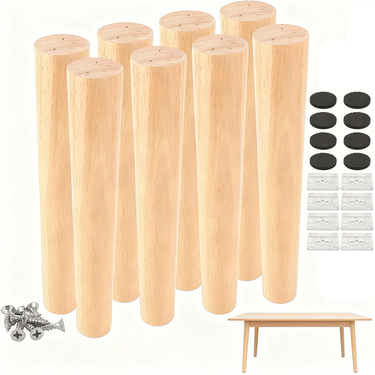 Dailygoods- Meubelpoten 30 cm - Houten Meubelpoten - Set van 8 - Robuuste Tafelpoten - Antislip Pads - Maximaal Draagvermogen 300 kg - Meubelvoeten