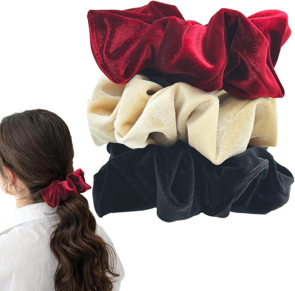 Set van 3 Fluwelen Scrunchies - Grote Haarbanden voor Dames en Meisjes in Zwart, Rood en Beige - Perfect voor Haarstyling en Accessoires