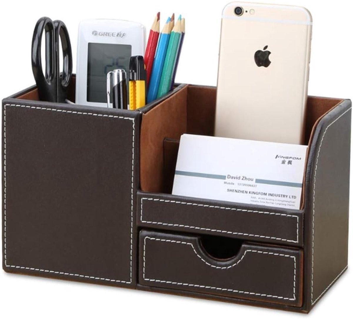 Stijlvolle Desk Organizer met 4 Compartimenten van PU Leer voor Pennen en Kantoorbenodigdheden (Bruin)