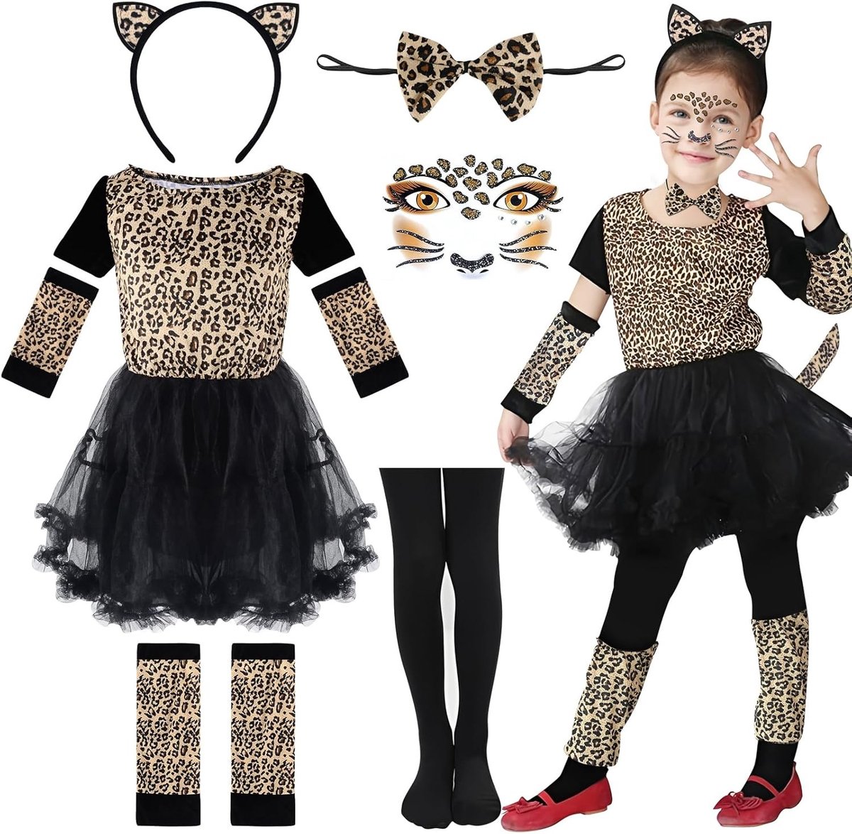 Leopard Kostuum voor Kinderen met Staart, Oren, Strik en Gezichtsstickers voor Halloween en Carnaval