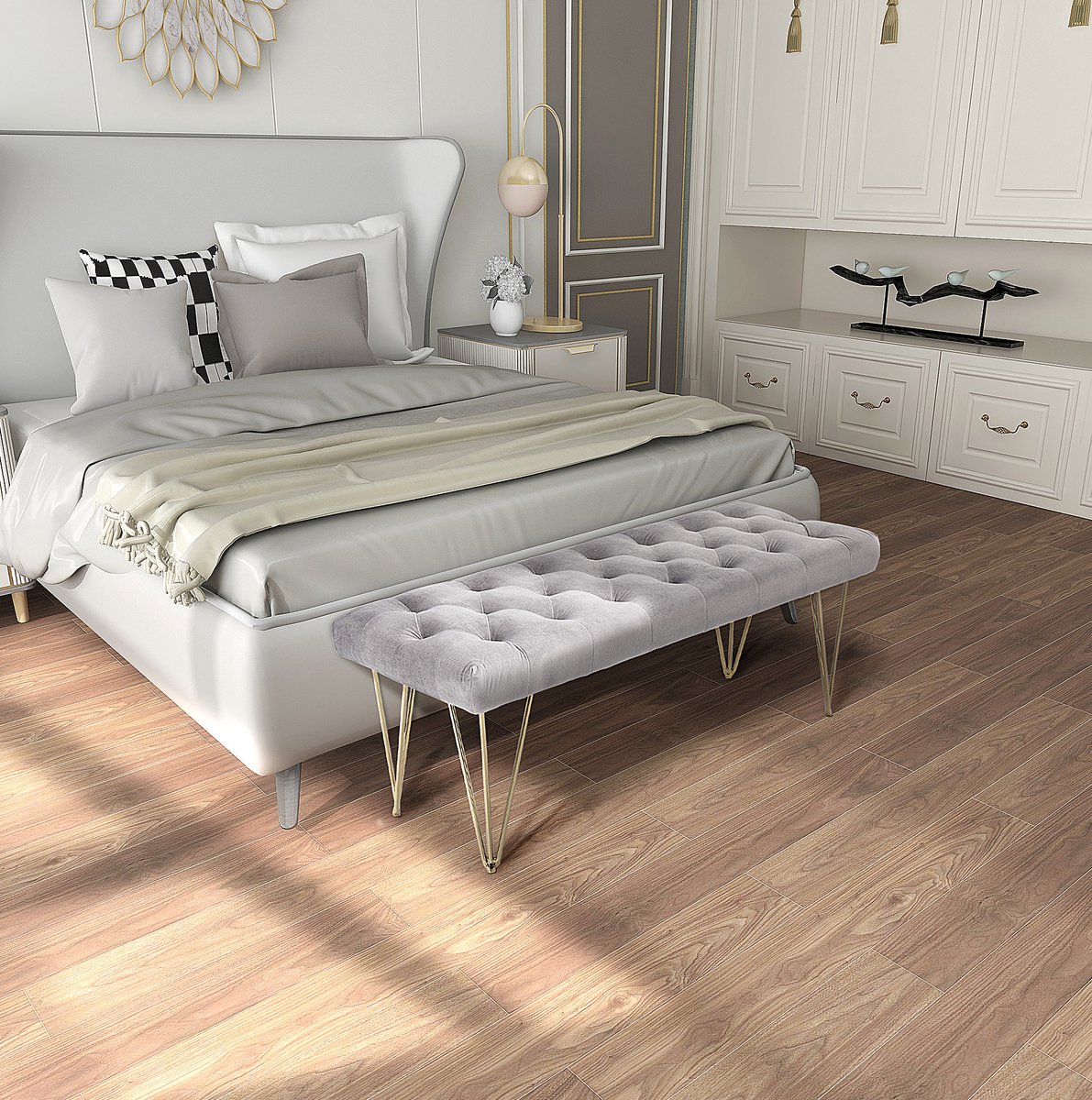 MEUNIQ zitbank 116 x 44,5 x 49 cm met fluwelen bekleding, 11 cm schuimkussen en metalen frame, bankje voor hal, entree of slaapkamer, grijs