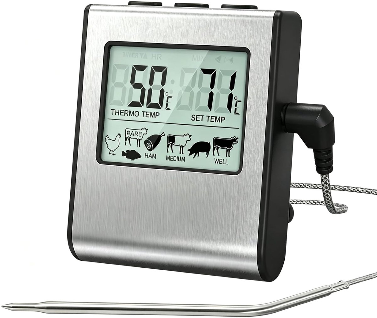 Thijox - Digitale Keukenthermometer met Sonde, Groot LCD-Display, Grillthermometer met Timer voor Rookoven, Barbecue, Keuken en Tuin – Temperatuurmeet