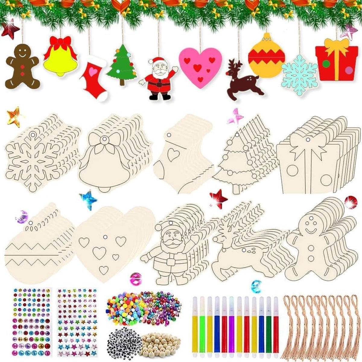 Dailygoods- Kerstboomdecoratie 224 Stuks - Houten Hangers - Onbehandeld - Knutselen - Versiering - Voorgeboord Gat - Kerstversiering