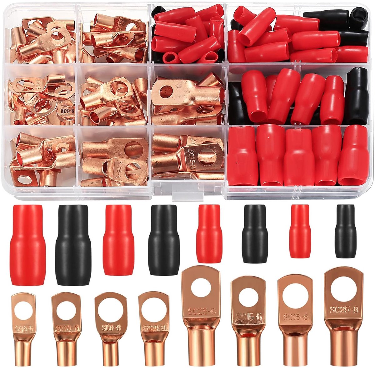 SnelShoppen - Tube Lugs Set 120 Stuks, Kabelaansluitingen, Tinned Copper Klemmen, Compressieconnectoren, 60 Stuks Accu Terminals + 60 Stuks Geïsoleerd