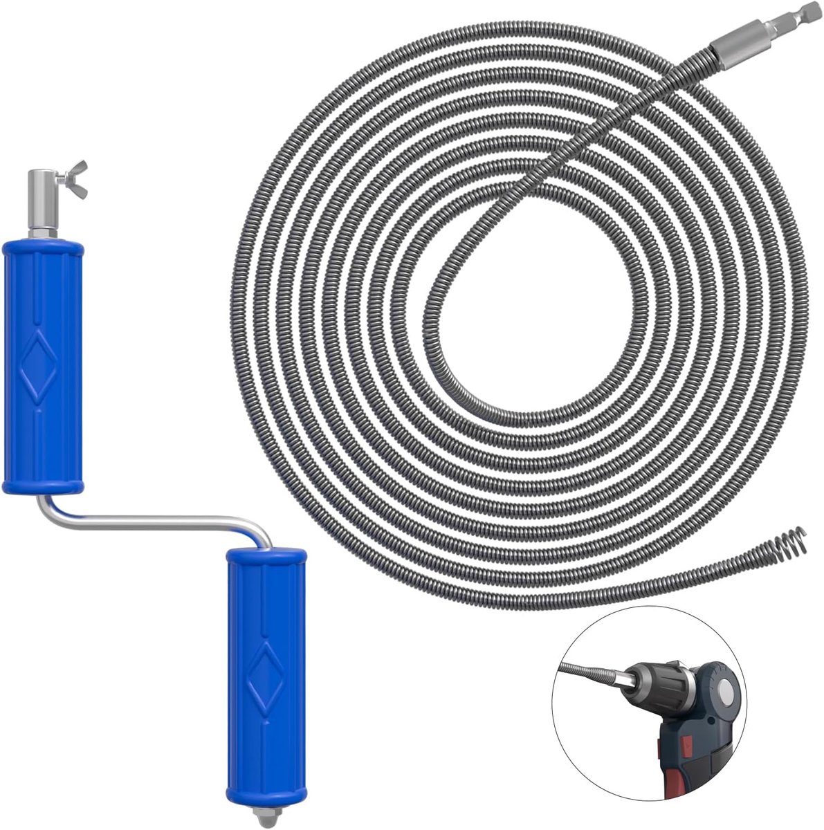 Thijox - Fret Afvoerontstopper 10m - Reinigingsspiraal met 6mm Diameter - Handmatige en Elektrische Adapters - Voor Spiraalbuizen, Keuken, Badkamer