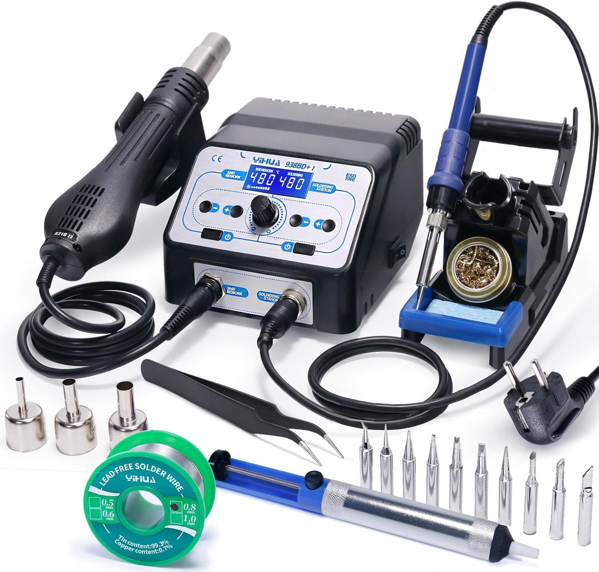 Thijox - YIHUA 938BD+ Soldeerstation met Hetelucht-Desoldeerstation, 2-in-1 SMD Soldeerstation met LCD-Display, Slaapmodus, Perfect voor Doe-Het-Zelf