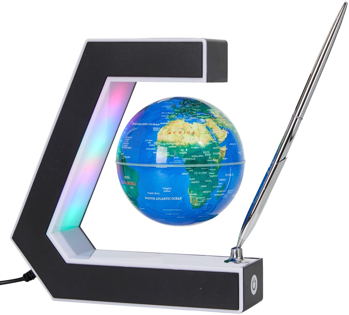 Dailygoods- Zweefbal Magnetisch - Wereldbol - Decoratie - Interactief Leerhulpmiddel - Zwart Kunststof Frame - Draaibare Verlichting