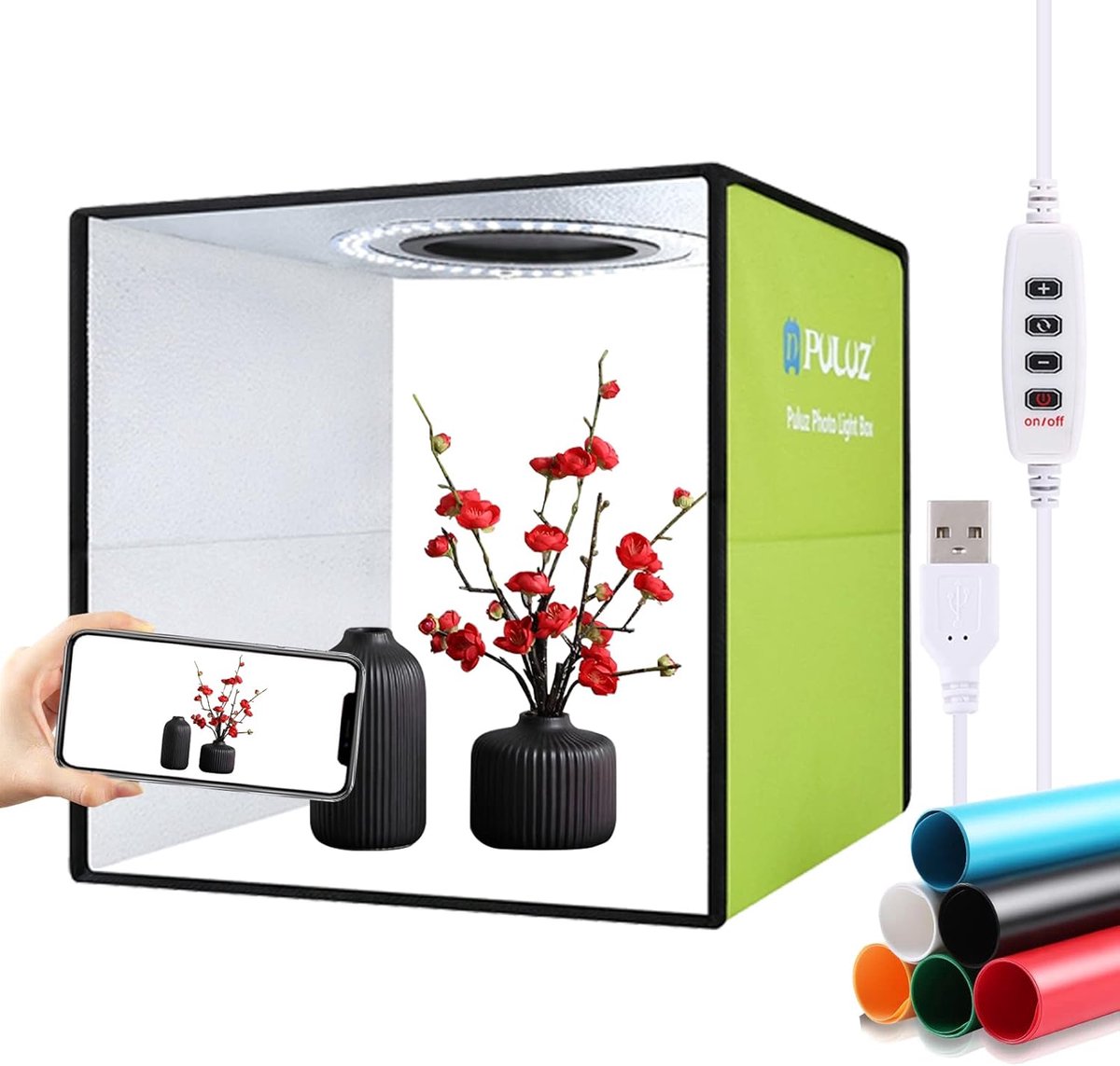 SnelShoppen - Fotostudio Lichtbak 30 cm - Draagbare Ring Softbox met CRI >95 Witte Verlichting, 120 LED's, 6 Achtergronden voor Productfotografie