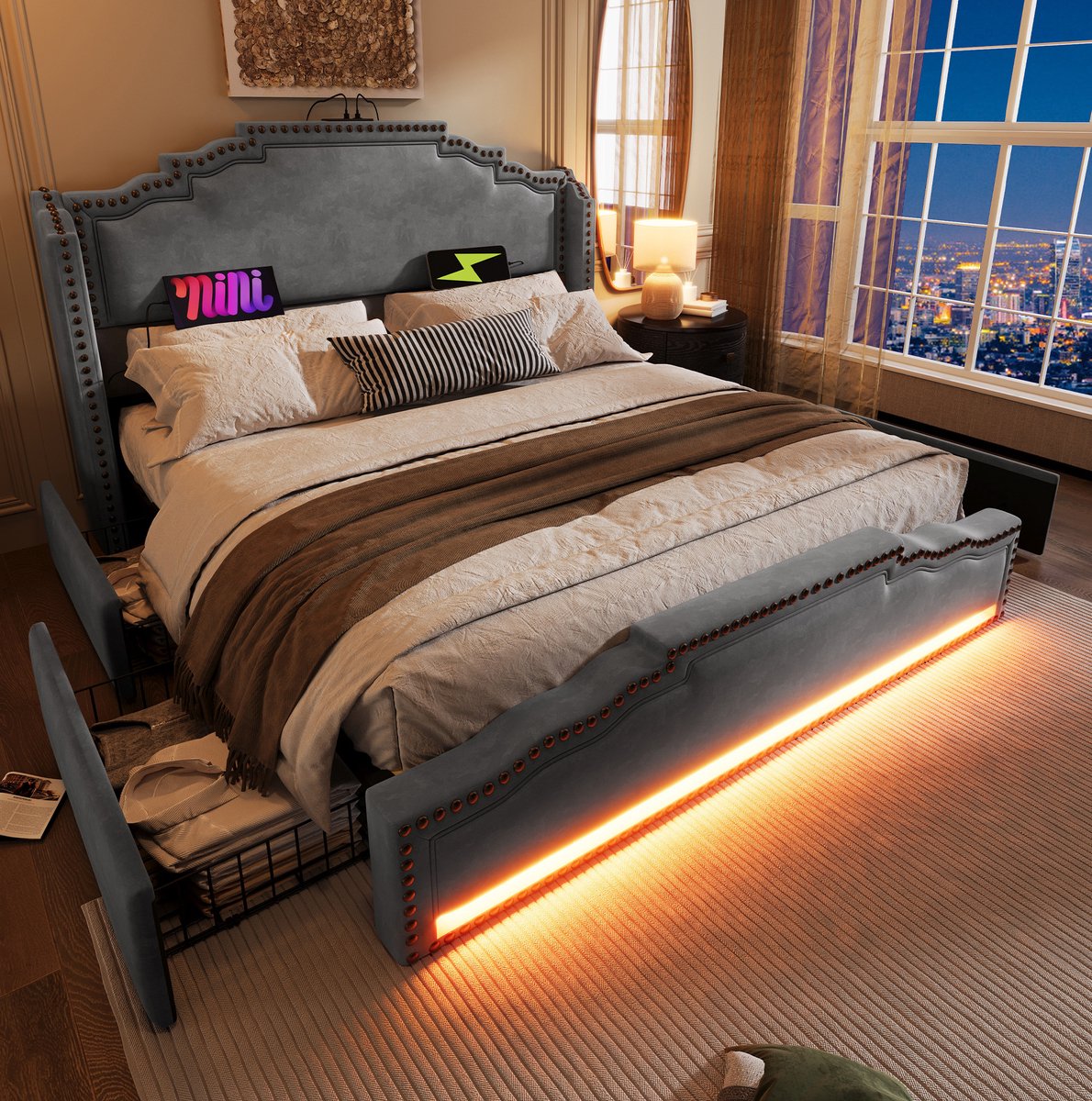 FloraGrace Bed 180x200 cm - Tweepersoonsbed Met LED-Verlichting en USB-C - Met 4 Laden en Lattenbodem - Fluweel - Grijs - Zonder Matras