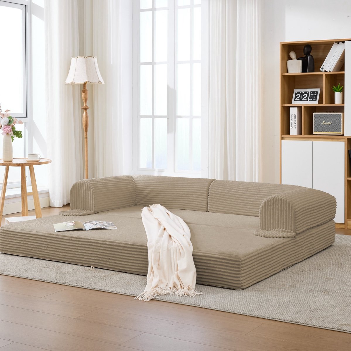 FloraGrace Slaapbank 190 x 78 x 65 cm - 2-Zits Omvormbaar Vloersofa Tot Tweepersoonsbed - Ribcord Stof - Voor Woonkamer Of Logeerkamer - Beige
