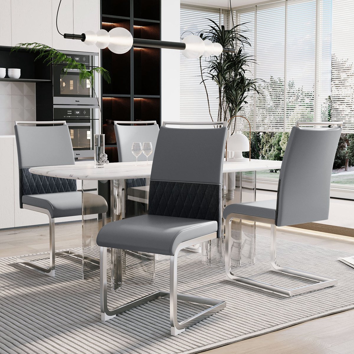 DESMIU Eetkamerstoel - 42 x 48 x 95 Cm - Set Van 4 Met Hoge Rug En Gewatteerde Zitting - Voor Eetkamer, Keuken En Kantoor - Grijs
