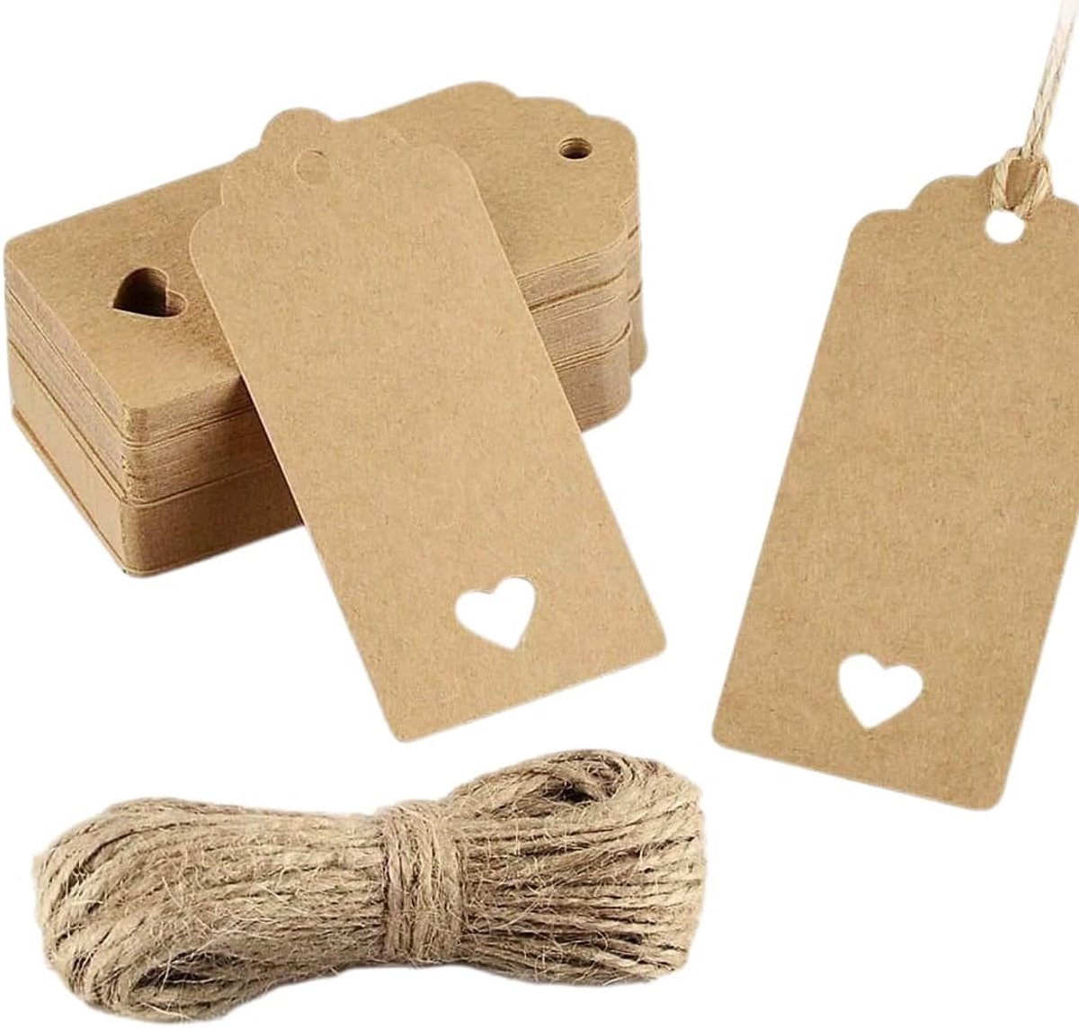 Thijox - 150 Kraftpapier Etiketten 3x6 cm met Jute Touw - Hangende Etiketten voor DIY Geschenken, Bruiloften, Kerstmis en Feesten