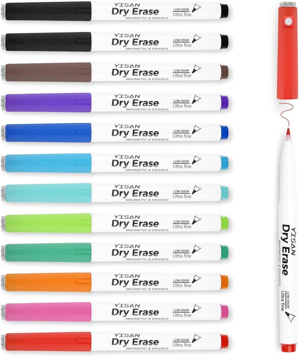 SnelShoppen - Dry Erasable Markers Ultra Fine Tip 0.7mm - Magnetische Whiteboard Markers met Wipers - Assorted Kleuren - 12 Stuks - Ideaal voor School