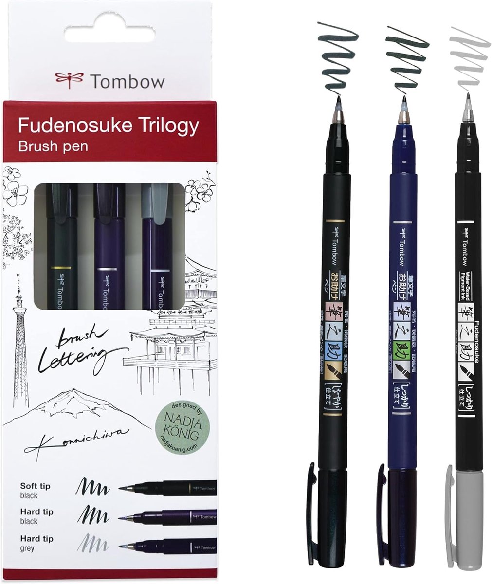Thijox - Fudenosuke Kalligrafie Set - 3 Viltstiften met Harde en Zachte Punt - Perfect voor Lettering, Schetsen en Doodling - Grijs, Zacht en Hard - C