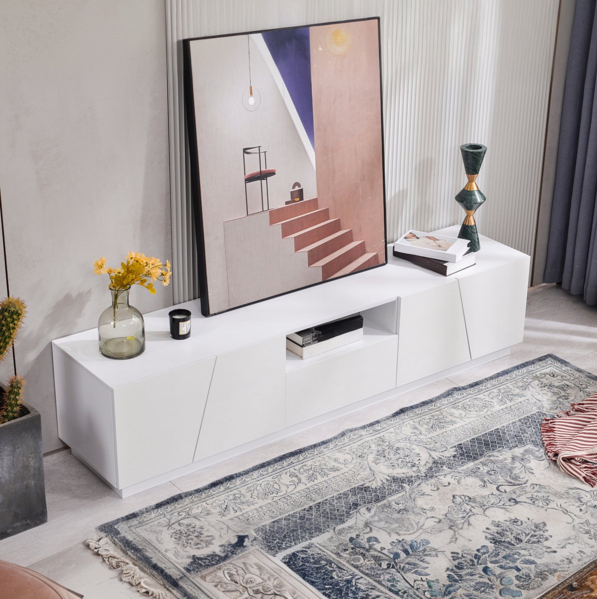 MEUNIQ TV-meubel 170 x 37 x 42 cm met 4 deuren en 2 open vakken, modern dressoir voor woonkamer, wit MDF, zonder handgrepen, met onregelmatig paneeldesign